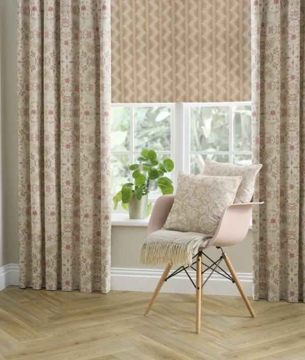 Legato Fabric - Latte by neutral botanical curtain with cushion and chair