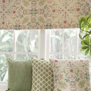 yellow botanical cushion with blind and plants