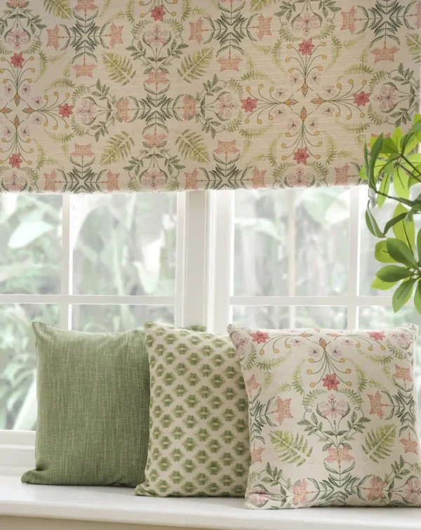 Fresco Fabric - Citron by yellow botanical cushion with blind and plants