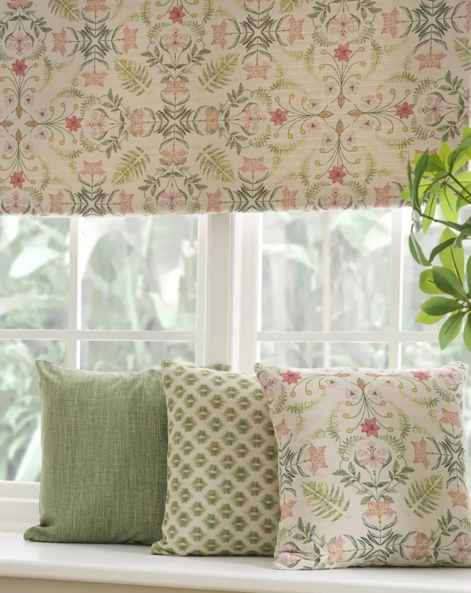 Fresco Fabric - Citron by yellow botanical cushion with blind and plants