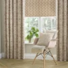 blue botanical curtain with cushion and chair