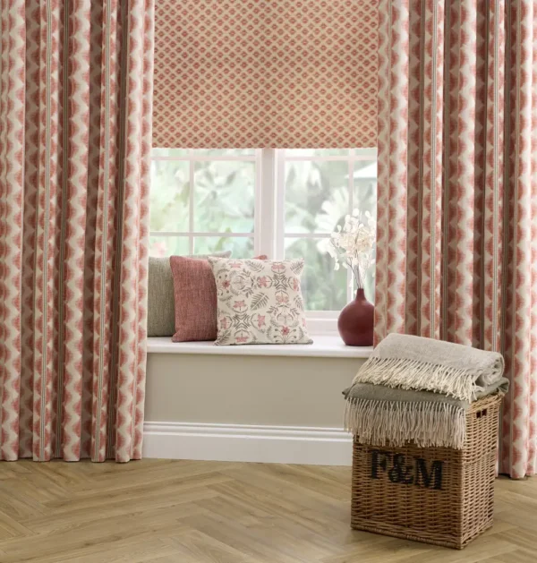 Fresco Fabric - Sienna by green botanical curtain with cushion and vases