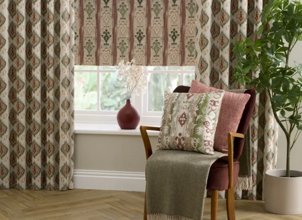 Ziba Fabric - Earth by brown striped cushion with armchair and vases