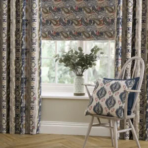 blue striped curtain with cushion and blind