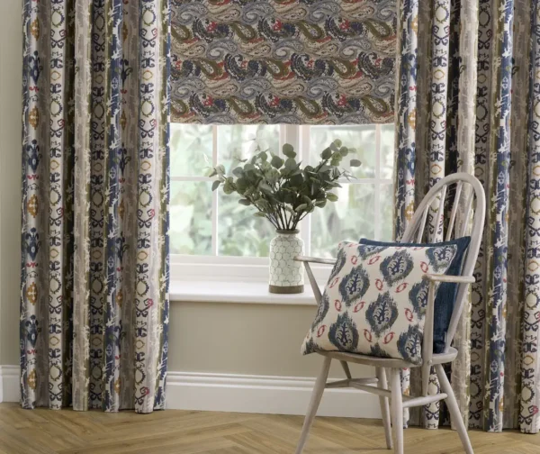 Ziba Fabric - Nocturne by blue striped curtain with cushion and blind