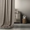blue plain curtain with cabinets and basket