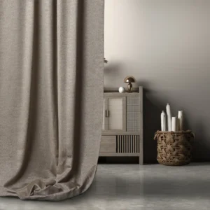blue plain curtain with cabinets and basket
