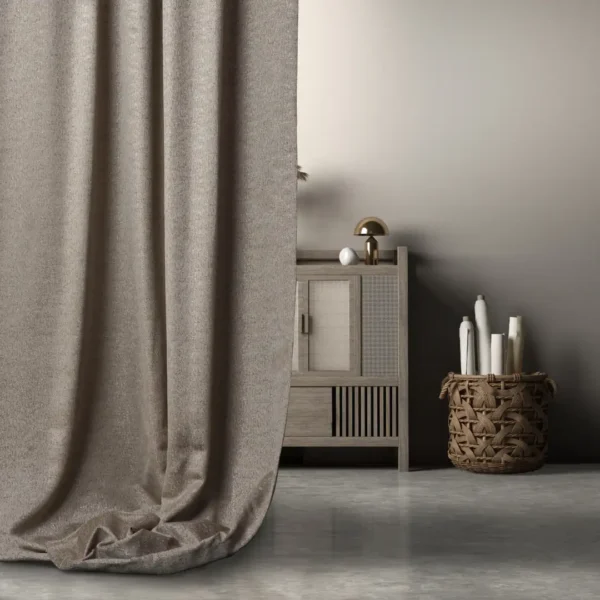 Prism Fabric - 01 Blue by blue plain curtain with cabinets and basket