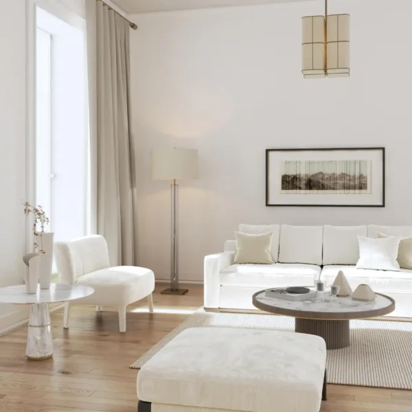 Ghent Fabric - 02 Shell by white striped pouf with sofa and armchair