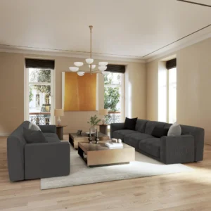black-grey striped sofa with coffee table and window