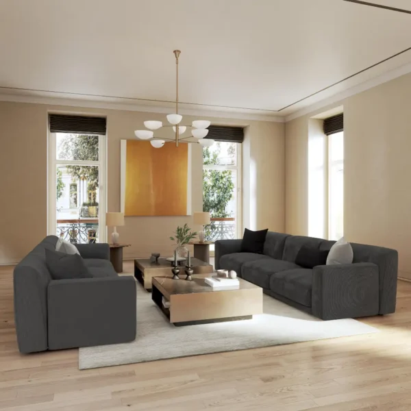 Ghent Fabric - 11 Espresso by black-grey striped sofa with coffee table and window