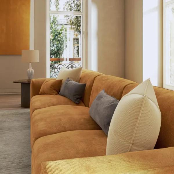 Ghent Fabric - 15 Chilli by orange striped sofa with cushion and lamps