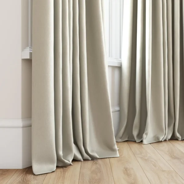 Tenby Fabric - 04 Calico by neutral plain curtain with window