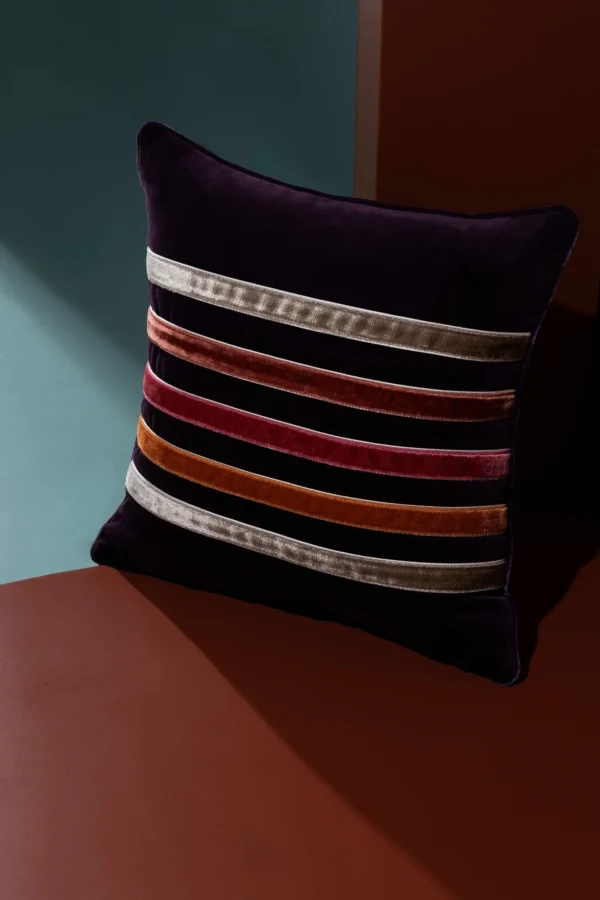 Sloane 2" Velvet Border by dark purple cushion with velvet border stripes across centre