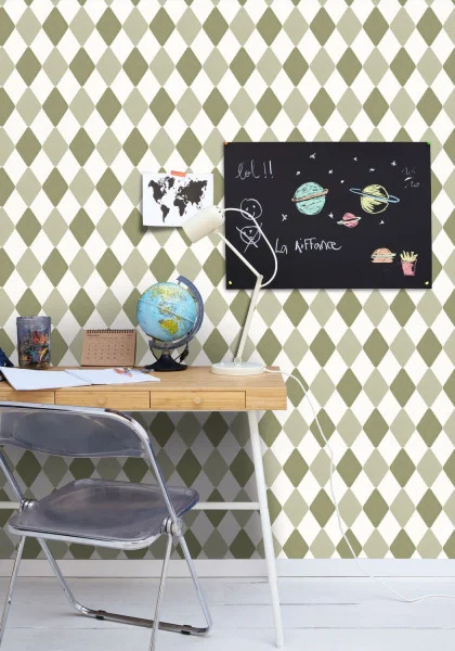 Danser Wallpaper - Kaki by green geometric wallpaper and wall with side table and chair