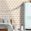 brown geometric wallpaper and wall with bed and cushion