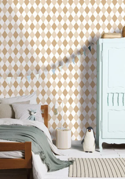 Danser Wallpaper - Camel by brown geometric wallpaper and wall with bed and cushion