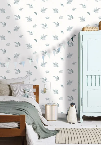 Contempler Wallpaper - Bleu Grise by blue botanical wallpaper and wall with bed and toys