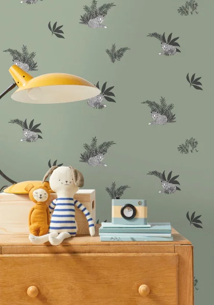 Contempler Wallpaper - Vert De Gris by green botanical wallpaper and wall with cabinets and toys