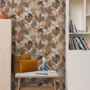 brown botanical wallpaper and wall with side table and toys