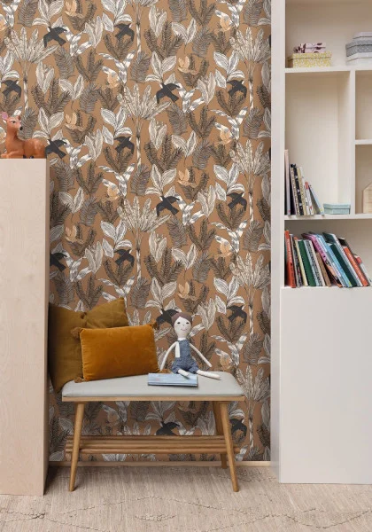Explorer Wallpaper - Camel by brown botanical wallpaper and wall with side table and toys