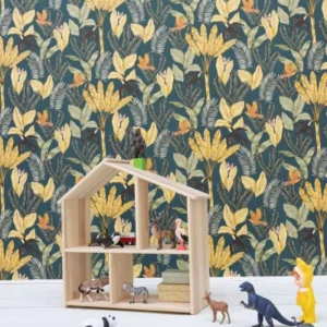 blue botanical wallpaper and wall with shelf and toys