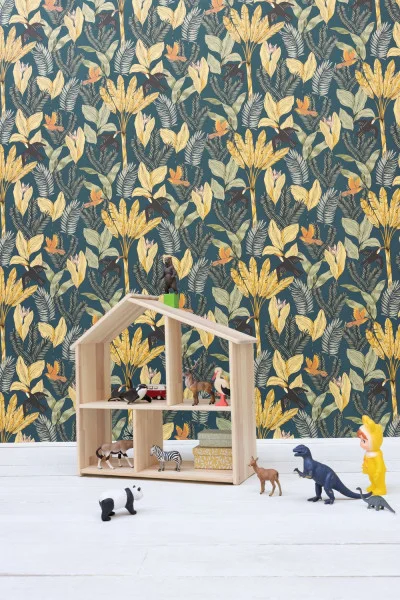 Explorer Wallpaper - Bleu Nuit by blue botanical wallpaper and wall with shelf and toys