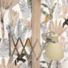 green botanical wallpaper and wall with lamps
