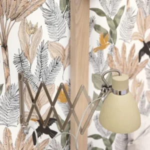 green botanical wallpaper and wall with lamps