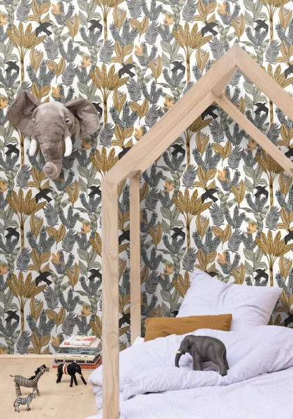 Explorer Wallpaper - Menthe by yellow botanical wallpaper and wall with cushion and toys