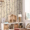 brown botanical wallpaper and wall with cushion and shelf
