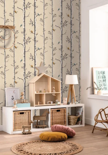 Escalader Wallpaper - Beige by brown botanical wallpaper and wall with cushion and shelf