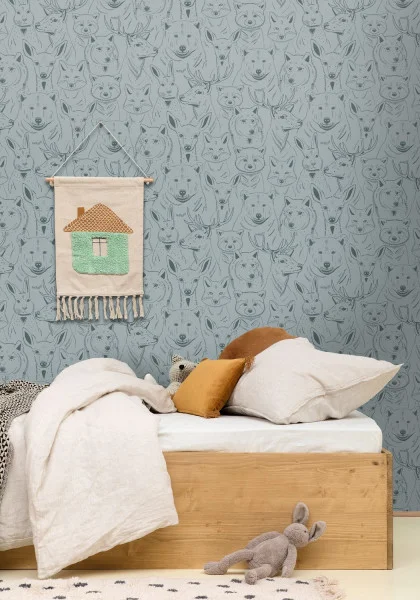 S Amuser Wallpaper - Bleu Grise by blue children's wallpaper and wall with bed and toys