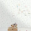 blue children's wallpaper and wall with basket and toys