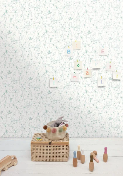 S Amuser Wallpaper - Menthe by blue children's wallpaper and wall with basket and toys