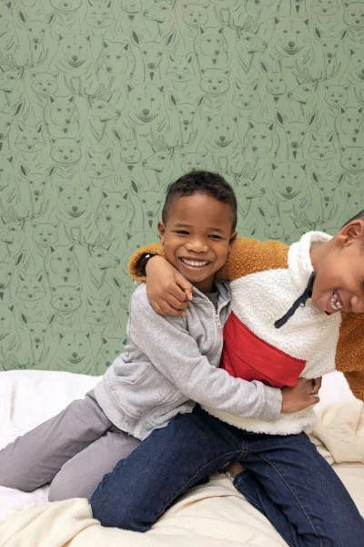 S Amuser Wallpaper - Vert De Gris by green children's wallpaper and wall with bed