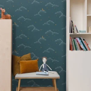 blue children's wallpaper and wall with side table and toys