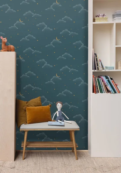 S Evader Wallpaper - Bleu Nuit by blue children's wallpaper and wall with side table and toys