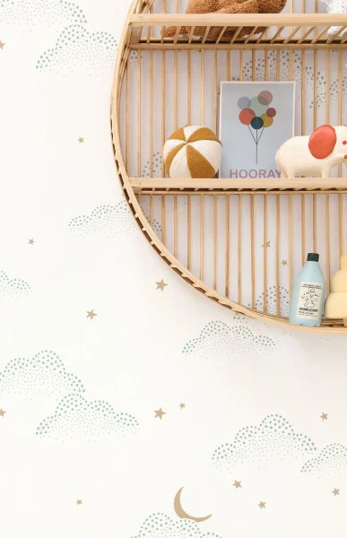 S Evader Wallpaper - Menthe by white children's wallpaper and wall with shelf and toys