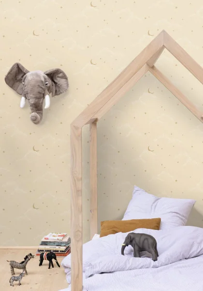 S Evader Wallpaper - Beige Camel by yellow children's wallpaper and wall with cushion and toys