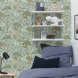 green botanical wallpaper and wall with bed and toys