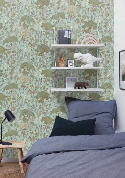 Flaner Wallpaper - Menthe by green botanical wallpaper and wall with bed and toys
