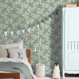 blue botanical wallpaper and wall with bed and toys