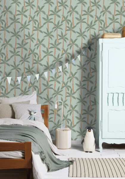 Se Balancer Wallpaper - Menthe by blue botanical wallpaper and wall with bed and toys