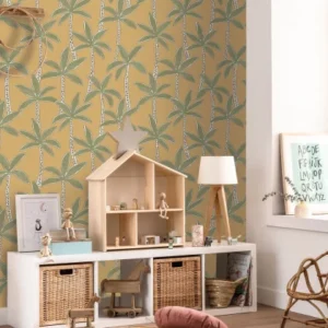 yellow botanical wallpaper and wall with cushion and lamps