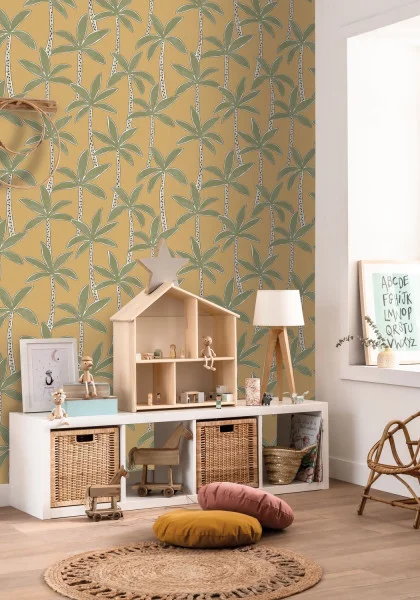 Se Balancer Wallpaper - Curry by yellow botanical wallpaper and wall with cushion and lamps