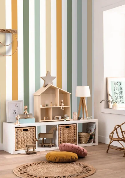 Se Cacher Wallpaper - Multicouleurs by multicolour striped wallpaper and wall with cushion and lamps