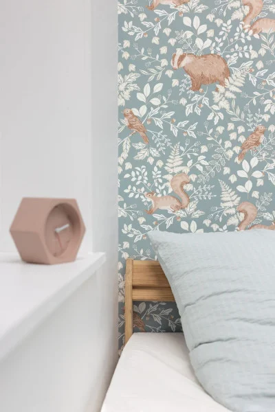 Se Faufiler Wallpaper - Bleu Grise by green children's wallpaper and wall with bed and cushion