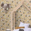 black-grey children's wallpaper and wall with bed and toys