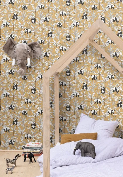 Se Prelasser Wallpaper - Curry by black-grey children's wallpaper and wall with bed and toys